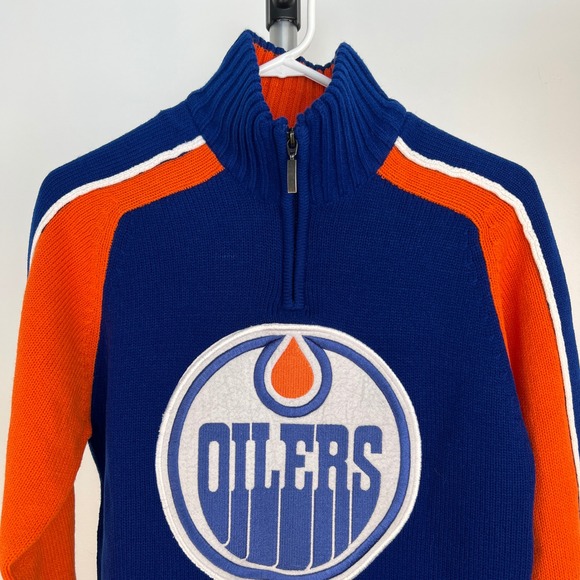 NHL Edmonton Oilers Womens Quarter Zip Pullover Sweater Blue Orange Knit Sz S - Picture 2 of 12